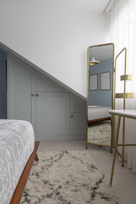 The Ethereal Loft Conversion — Barbara Ramani Interiors Loft Conversion Ensuite, Dividing Wall, Bedroom Photography, Tranquil Bedroom, Light Blue Walls, Divider Wall, White Brass, Loft Conversion, Blue Walls