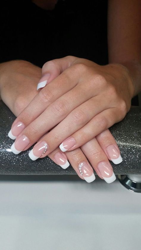 French Tip Nails With Design Wedding Rhinestones, French Manicure For Wedding Brides, French Manicure With Jewels Rhinestones, French Nail With Diamonds, Nail Extension Designs French Tip, French Nails Extensions, French Manicure With Stones, French Manicure With Gems Rhinestones, Bridal Nails Wedding French Tips