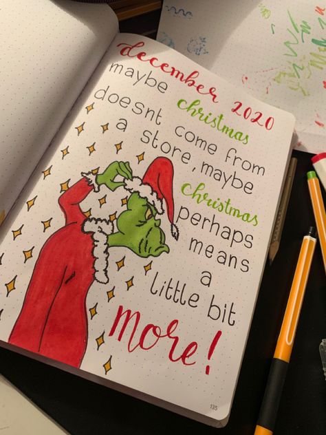 December Dot Journal Ideas, Grinch Bullet Journal, Christmas Notebook Ideas, Christmas Journal Ideas, Christmas Journal Pages, Pink Christmas Bedroom, Christmas Diary, Christmas Notebook, Cute Christmas Ideas