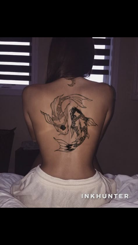 Fish Back Tattoo, Koi Fish Back Tattoo, Koi Tattoo Design, Basic Tattoos, Spine Tattoos For Women, Tattoos For Black Skin, Fish Tattoo, Stomach Tattoos, Thigh Tattoos Women