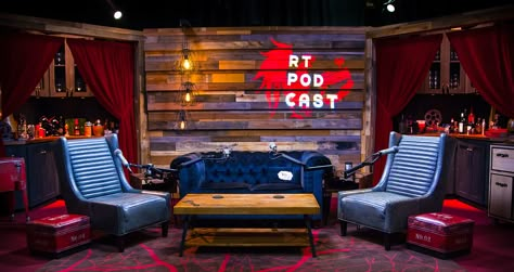 Rooster Teeth Podcast Set Podcast Decor, Podcast Room, Studio Room Design, Podcast Setup, Home Recording Studio Setup, Recording Studio Setup, Tv Set Design, Podcast Studio, Home Studio Setup