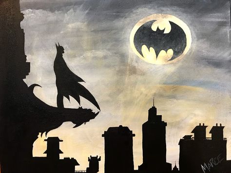 Batman Acrylic Painting, Batman Painting Easy, Batman Art Painting, Batman Watercolor, Batman Ideas, Batman Painting, Batman Quotes, Halloween Canvas Art, Scene Drawing