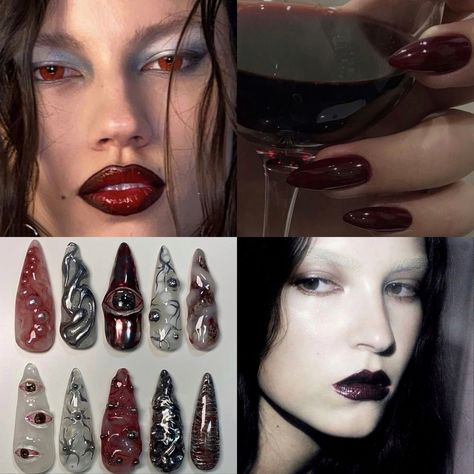 vampire aesthetic, makeup, dark red nails, burgundy almond-shaped nails, spooky nail art, gothic beauty, gothic fashion, vampiric style, dark mysterious make up, creepy nail art ideas, vibes, fashion collage, halloween Gothic Romance Nails, Maximalism Nails, Vampire Nails Aesthetic, Vampire Aesthetic Makeup, Red Nails Burgundy, Vampire Nails Gothic, Nail Art Gothic, Creepy Nail Art, Creepy Nails