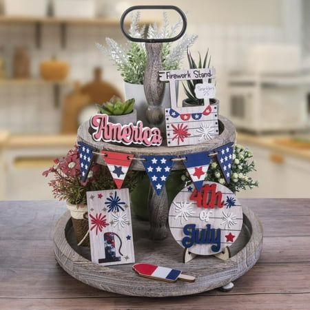 Welcome to Ruifushidai Home Kitchen Products online mall, improve the quality of life, come to choose beautiful and practical Home Kitchen goods!4th Of July Tiered Tray Decor Set Rustic Patriotic Independence Day Decoration Glow Vintage Farmhouse Memorial Day Tiered Tray Sign Features: The new artificial flower basket garland is made of fabric. This wreath is so pretty and made of love, happiness, positive thoughts and smiles! A wreath made of vines and decorated with fresh flowers is very pretty. This wreath is the perfect way to welcome family and friends. You will be neighbors and passers-by. This is a beautiful wreath gift to hang on the door. Don't forget, this would make a great Fourth of July, birthday, wedding, housewarming, Father's Day gift, or just to celebrate someone's day. Su Patriotic Table Decorations, Fishing Party Decorations, 4th Of July Tiered Tray Decor, Patriotic Tiered Tray Decor, Patriotic Tiered Tray, Vintage Wood Signs, Memorial Day Decorations, Independence Day Decoration, Set Decor