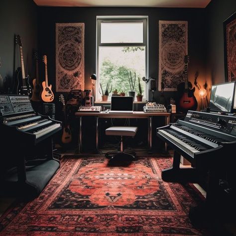 Music Studio Guest Room, Recording Studio Apartment Ideas, Music Room Design Modern, Music Studio Apartment Ideas, Dark Recording Studio, Gothic Music Studio, Dark Music Studio Room, Dark Music Room Aesthetic, Vibey Music Studio