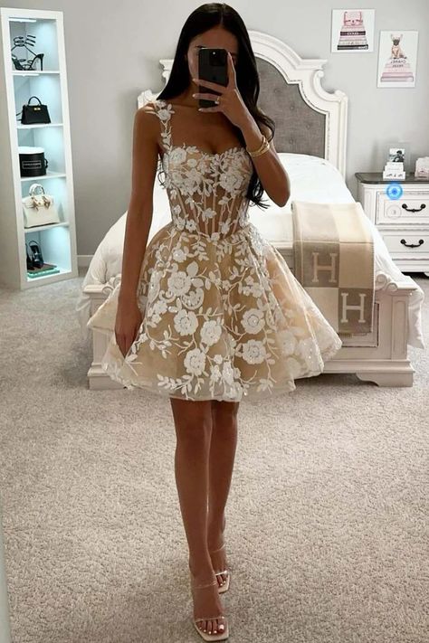 Prom Dress Mini, Wedding Dresses Women, Champagne Cocktail Dress, Short Wedding Dresses, Beach Wedding Gown, Wedding Dresses With Flowers, Wedding Flower Girl Dresses, Applique Wedding, Beach Bridal