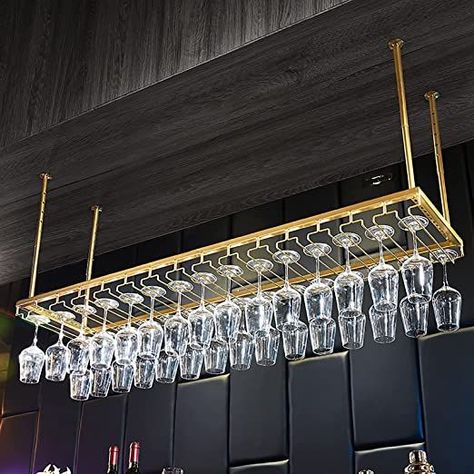 Bar Glass Holder, Bar Rack Design, Ceiling Wine Glass Rack, Glass Hanger Bar, Hanging Wine Glass Rack Bar, Bar Rack Ideas, Glass Racks Shelves, Bar Glasses Display, Bar Glass Storage