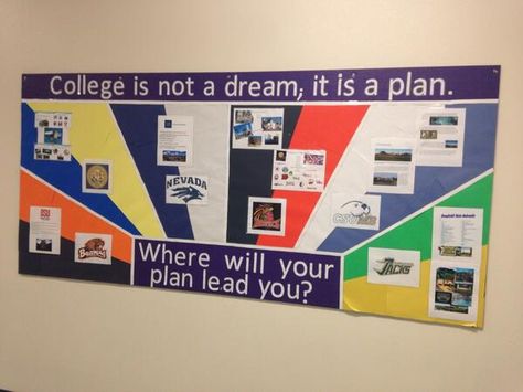 College is not a dream; it is a plan - from Modoc High School AVID! Avid Classroom Decorations, Career Bulletin Boards, School Counseling Bulletin Boards, College Advising, College Theme, College Advisor, Counseling Bulletin Boards, High School Bulletin Boards, College Bulletin Boards