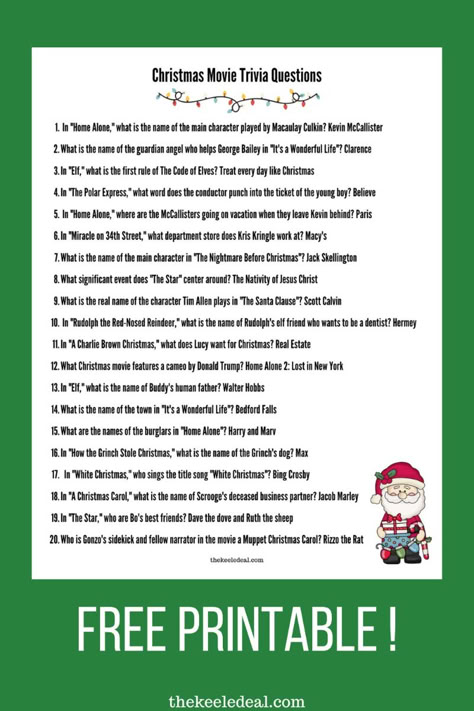 Get ready to challenge your friends and family with our printable Christmas movie trivia. Get the free printable Christmas movie trivia games for some easy fun. Christmas Family Quiz Free Printable, Christmas Kisses Trivia Game, Christmas Party Games Printables Free, Christmas Games For Family Printable, Holiday Movie Trivia With Answers, Family Game Ideas For Christmas, Christmas Vacation Trivia With Answers, Christmas Trivia Games With Answers Free, Holiday Trivia For Kids