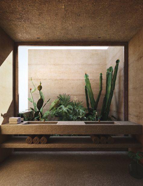 Vegetación y arquitectura han formado desde tiempos inmemoriales un binomio indisociable que recorre culturas y estilos. Las plantas no son solo decoración: son un componente arquitectónico vivo y, por lo tanto, mutante, capaz de mejorar la temperatura, la acústica y la calidad del aire de un edificio. Pero tan importante como eso es su dimensión espiritual: su presencia en casa, por escueta que sea, nos reconecta con la naturaleza y nos relaja.Crear en nuestro espacio doméstico pequeños rinc... Serene Bathroom, Casa Country, Mediterranean Decor, Desert Homes, Patio Interior, Cheap Decor, Architectural Digest, Elle Decor, Cheap Home Decor