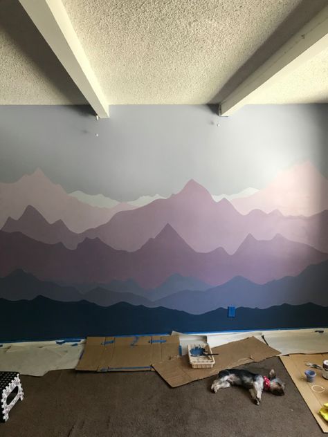 Mountains And Trees Wall Mural, Wall Painting Ideas Mountains, Mountain Wall Mural Bedroom, Mural Wall Art Mountain, Mountain Range Wall Mural, Abstract Mountain Wall Mural, Mountain Wall Painting Diy, Mountain Scape Wall, Kids Mountain Mural