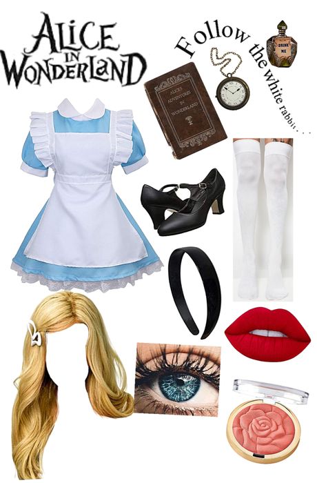 Alice In Wonderland Costume Accessories, Alice In Wonderland Simple Costume, Alice In Wonderland Halloween Ideas, Alice In Wonder Land Costume, Alice In Wonderland Cosplay Ideas, Alice Cosplay Wonderland, White Rabbit Alice In Wonderland Costume Diy, Alice Costume Ideas, Fantasia Alice Halloween