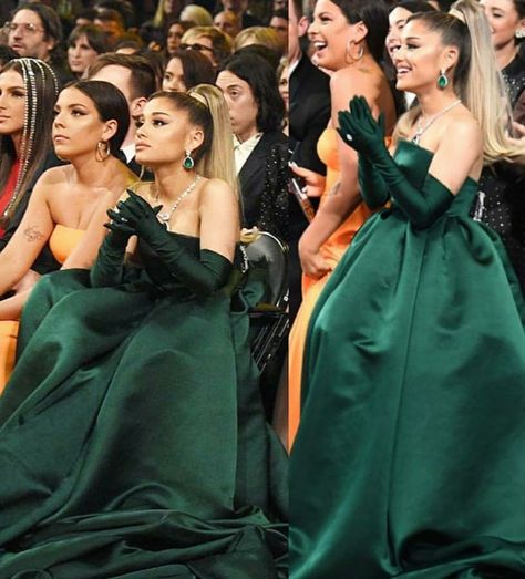 Lehenga With Gloves, Emerald Green Velvet Dress With Gloves, Gloves With Dress, Ariana Grande Green Dress, Ariana Grande Dress Grammy, Kylie Jenner In Green Dress, Green Opera Gloves, Ariana Grande Red Carpet, Ariana Grande Grammys 2020 Green Dress