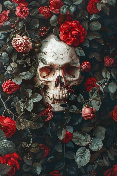 Roses and Skulls Art Print Painting Dark Floral Skull Art Painting Perfect for Victorian Art Home Wall Decor 3 - Etsy Turkey Skull Art Painting, Gothic Art Painting, Black Skulls Wallpaper, Skulls Art, Skull Art Print, Dark Skull, Witch Wallpaper, Monster Artwork, Painting Dark