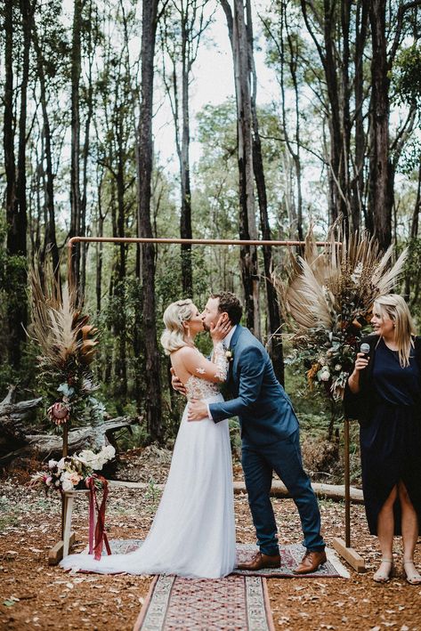 Boho Forest Wedding, Wedding New Zealand, Bush Wedding, Boho Elopement, Forest Backdrops, Wedding Arbour, Camp Wedding, Wedding Session, Navy Suit