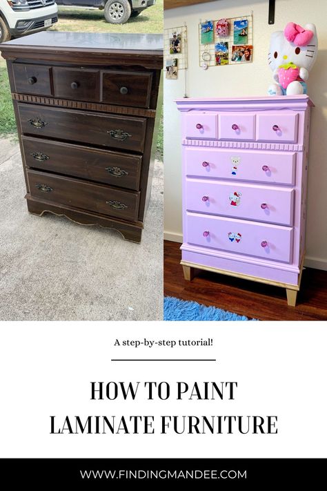 How to Paint a Laminate Dresser - finding mandee Laminate Dresser Makeover, Painting Laminate Dresser, Painting Dressers, Laminate Dresser, Ash Wood Furniture, Paint Hardware, Painting Laminate Furniture, Drywall Finishing, Painting Laminate