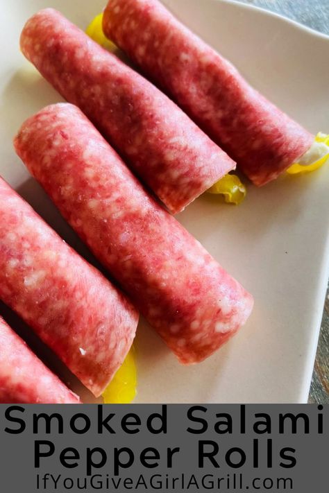 salami rolls ups with peppers Spicy Appetizer Recipes, Salami Cream Cheese, Bacon Wrapped Pickles, Salami Rolls, Smoked Cream Cheese, Jerk Chicken Wings, Cream Cheese Roll Up, Bbq Appetizers, Smoked Tomatoes