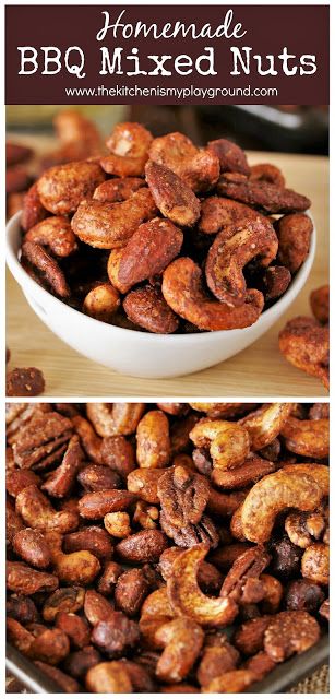 Barbecue Roasted Mixed Nuts ~ Easy to make and chock full of spicy-sweet barbecue flavor.  So good, you won't be able to stop at a handful!  www.thekitchenismyplayground.com Roasted Nuts Recipe, Nut Dessert, Flavored Nuts, Nut Butter Recipes, Spicy Nuts, Party Food Dessert, Healthy Nuts, Slow Cooker Desserts, Nut Snacks