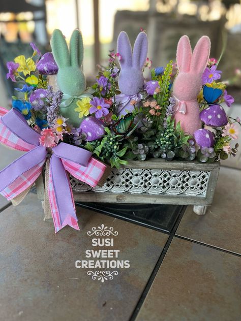 Flocked Bunny Centerpiece, Dollar Tree Easter Crafts 2024, Spring Mailbox Decor, Easter Centerpieces Table, Flocked Bunny Decor, Easter Gifts For Toddlers, Spring Table Decorations, Flocked Bunnies, Easter Arrangements