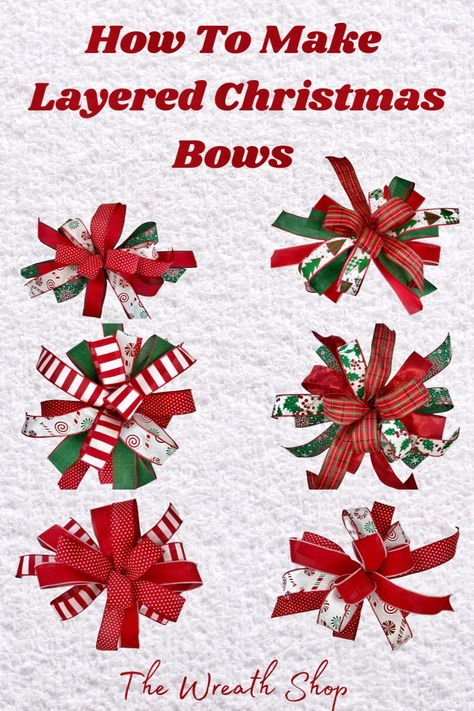 Watch this video to learn step by step how to make layered Christmas bows using multiple ribbons, both with a bow maker, and by hand. Christmas Ribbon Wreath Tutorial Step By Step, Multiple Ribbon Bow, How To Make A Christmas Bow For Presents, How To Make A Flat Bow, Diy Wreath Bows Tutorial How To Make, How To Make Multi Ribbon Bows, Bow Making Tutorials Videos, How To Make A Layered Bow, Christmas Wreath Bows Diy