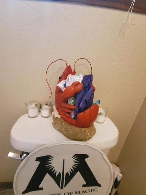 Menstruation Crustacean Station, Crustacean Menstruation Station, Wierd House Decor, Weird Bathroom Decor, Lobster Bathroom, Shrimp Decor, Menstruation Station, Menstruation Crustacean, Weird Decorations