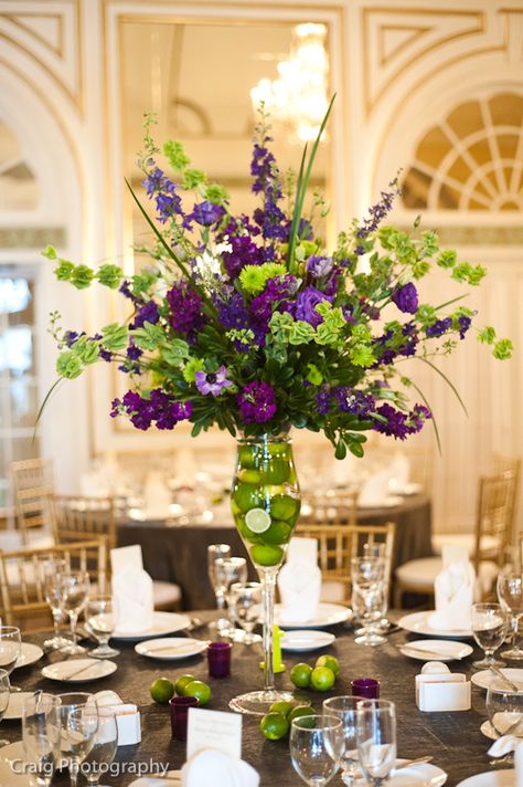 Lime Green Weddings, Purple And Green Wedding, Tall Wedding Centerpieces, Purple Wedding Flowers, Tall Centerpieces, Flowers Purple, בר מצווה, Pittsburgh Weddings, Trendy Flowers