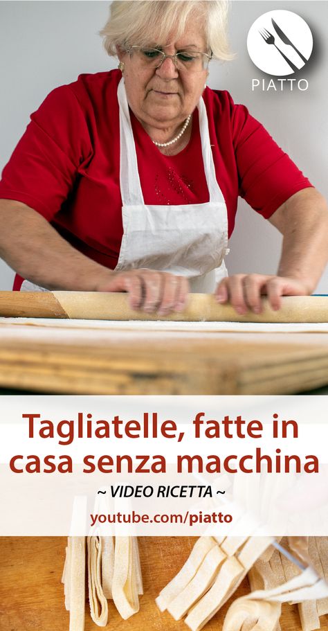 In questo video di Piatto™, la nostra nonna Lulu farà vedere come fare le tagliatelle fatte in casa! Nonna Lulu mostrerà come fare la pasta all’uovo fatta a mano. 

La pasta all’uovo verrà stesa a mano  utilizzando un comunissimo mattarello. Lo spessore finale sarà compreso tra 0.6 - 0.8 mm.

Le tagliatelle fatte in casa verranno tagliate a coltello, con una larghezza di circa 7 mm (che diverranno 8 in cottura). Pasta Homemade, Little Bunny Foo Foo, Pasta Fresca, Three Little Pigs, Knitted Wit, Homemade Pasta, Lip Service, Golden Rule, Pizza Pasta