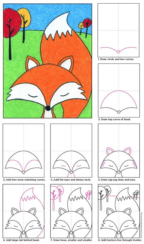 Learn how to draw a cute fox. Perspective lesson too, with trees in the background. #howtodraw #fox Cute Fox Drawing, Cool Cartoon Drawings, Classe D'art, Art Fox, Fox Drawing, Homeschool Art, Drawing Projects, Fox Art, Art Drawings For Kids