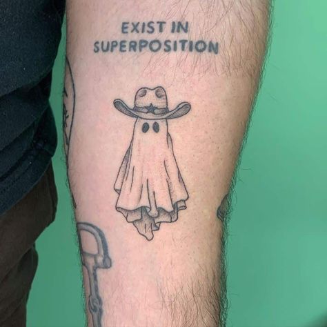 215+ Best Ghost Tattoos Designs With Meanings (2023) - TattoosBoyGirl Western Ghost Tattoo, Ghost With Cowboy Hat Tattoo, Ghost Cowboy Tattoo, Tattoos Ghostface, Angles Tattoos, Cowboy Ghost Tattoo, Cowboy Like Me Tattoo, Skeleton Cowboy Tattoo, Ghostface Tattoo