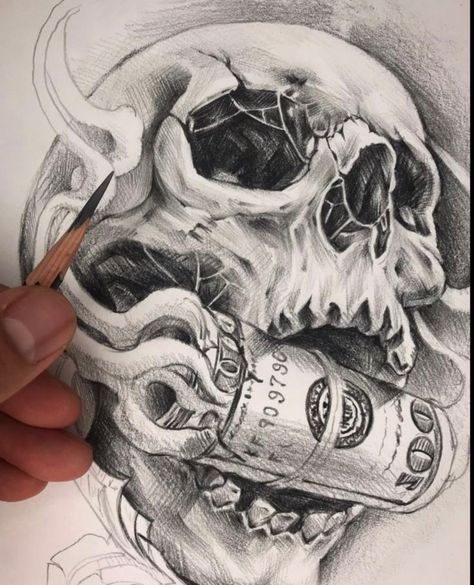 Hai Tattoo, Cool Skull Drawings, Chicano Tattoos Sleeve, Skull Art Tattoo, Cool Tattoo Drawings, Skull Sleeve Tattoos, Realistic Tattoo Sleeve, Money Tattoo, Chicano Style Tattoo