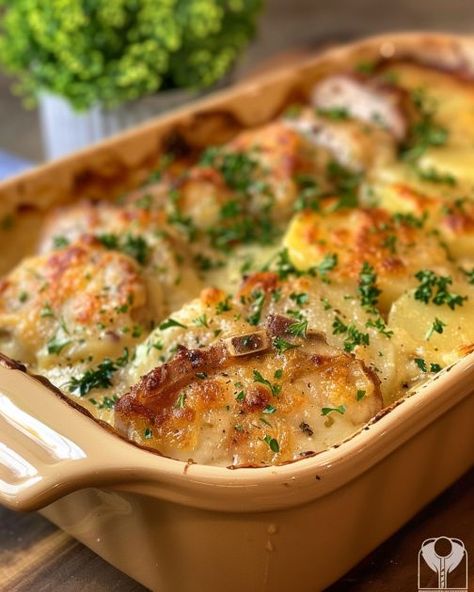 I swear this is like my husband's fave thing to eat! Pork Chops With Scalloped Potatoes, Scalloped Potato Casserole, Casserole Kitchen, Pork Entrees, Pork Chops And Potatoes, Pork Chop Recipes Baked, Pork Chop Dinner, Pork Recipes Easy, Dump Dinners