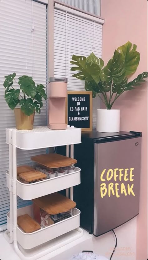 Salon Coffee Bar Ideas Small Spaces, Beauty Salon Snack Bar, Salon Refreshment Bar, Snack Cart Ideas For Salon, Lash Room Snack Bar, Salon Drink Station Ideas, Mini Fridge In Salon Suite, Mini Fridge In Office Ideas, Salon Refreshment Station