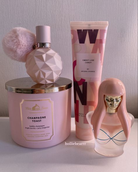 bath & body works champagne toast, ariana grande sweet like candy & nicki minaj pink friday Pink Friday Perfume, Pink Friday Aesthetic, Sweet Like Candy Aesthetic, Nicki Minaj Perfume, Ariana Grande Sweet Like Candy, Bella Core, Best Womens Perfume, Easy Routine, Scent Combos