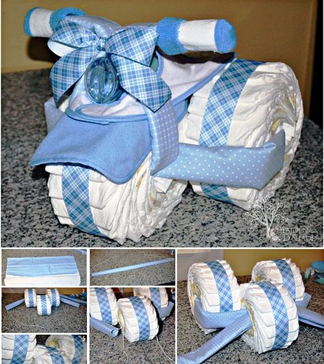 This is a simple and yet creative idea that you can use when you want to make a gift for a new born. What you will need: a pack of size 1 diapers 2 blue receiving blankets a pair of blue baby socks 2 blue bibs a bottle ribbon rubber band Click below link for … Cake For Baby Boy, Diaper Tricycle, Baby Shower Gifts To Make, Diaper Cake Instructions, Cake For Baby, Diy Diaper Cake, Diaper Gifts, Boy Baby Shower Ideas, Diaper Cake Boy