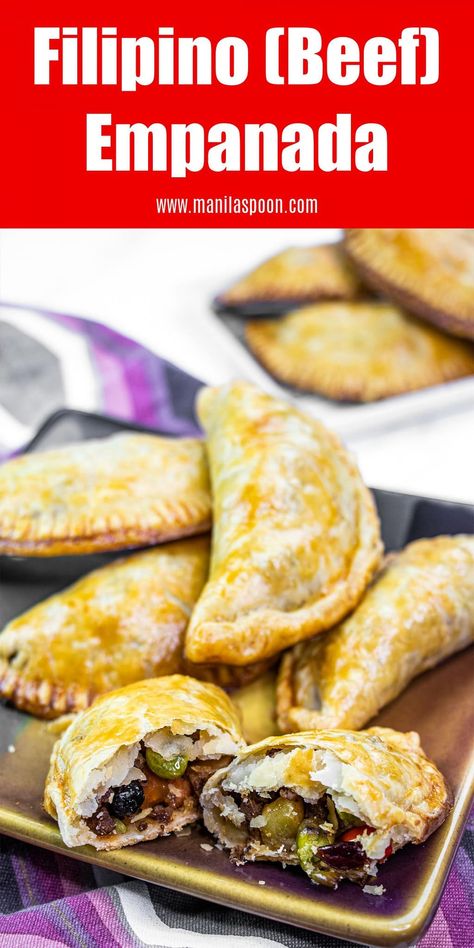 How to Make Filipino Beef Empanadas - Manila Spoon Filipino Beef Empanadas Recipe, Filipino Empanada Dough Recipe, Beef Empanada Filling Recipe, Puerto Rican Empanadas Beef, Filipino Empanada Recipe, Filipino Empanada, Filipino Appetizers, Empanadas Recipe Dough, Beef Empanadas Recipe