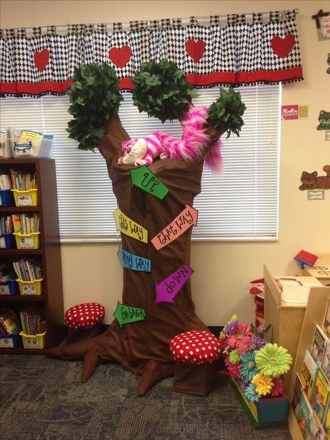 Cheshire Cat Reading Tree-Alice in Wonderland Theme Alice In Wonderland Classroom Theme, Alice In Wonderland Library, Disney Classroom Door, Alice In Wonderland Classroom, Tree Kindergarten, Olivers Vegetables, Wonderland Classroom, Classroom Door Ideas, Classroom Designs