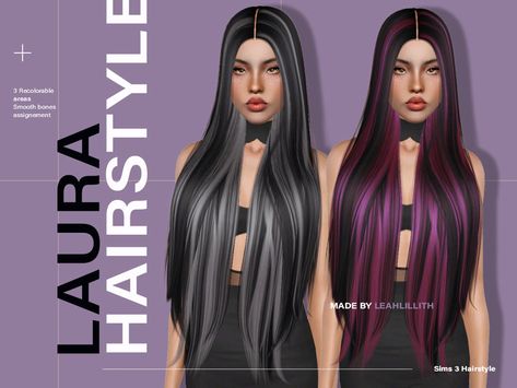 Leah Lillith's LeahLillith Laura Hairstyle Sims 4 Leah Lillith Hair, Sims 4 Hair With Highlights, Sims 4 Cc Hair With Highlights, Sims 4 Hair Highlights Cc, Sims 3 Cc Hair, Sims Hairstyles, Leah Lillith, 3 Hairstyles, Purple Hair Highlights