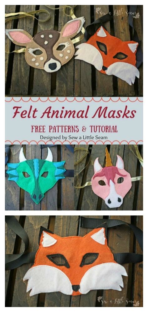 Felt Animal Masks Free Sewing Pattern Diy Felt Animals, Felt Animal Masks, Making Felt, Felt Mask, Felt Animal, Kids Dress Up, Felt Patterns, Animal Masks, Baby Diy