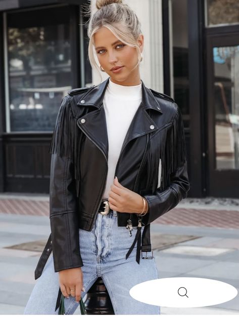 leather Black Leather Jacket Outfit Spring, Leather Jacket Outfit Spring, Black Leather Jacket Outfit, Leather Outfits, Leather Jacket Outfits, Faux Leather Heels, Leather Moto Jacket, Plaid Blazer, Leather Fringe