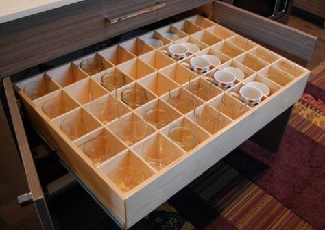 Storing Glasses In Drawers, Glassware Drawer Storage, Glass Drawer Kitchen, Glassware Storage Drawers, Glassware In Drawers, Glassware Drawer, Drawer Storage For Glassware, Pint Glass Storage Bar, Kitchen Glasses