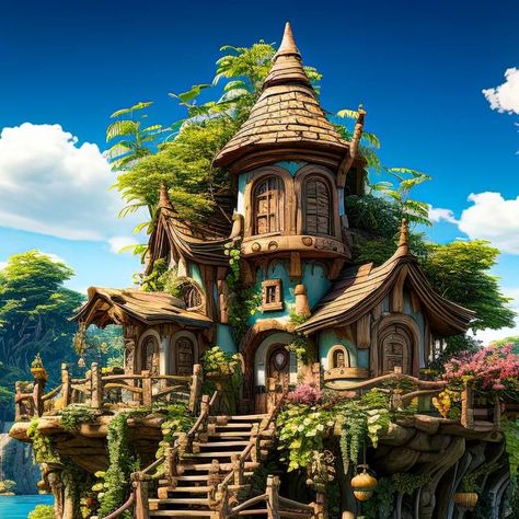 Artwork done by AlekSunDoor Jungle House Concept Art, Fantasy House Concept, House Concept Art, Tiny Glade, Serenitea Pot, Sims4 House, Red Wallpapers, Wallpapers Posters, Fantasy Village