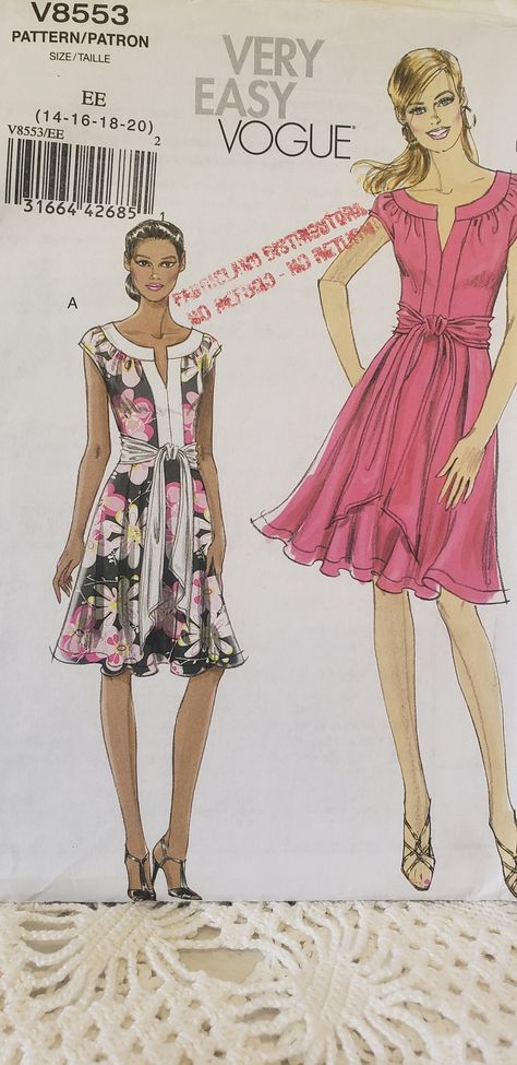 Very Easy Vogue Summer Dress V8553 Size 14 to 20 UNCUT Dress with Sash Fitted Dress Cap Sleeves Pleated Skirt Flared Mid Knee Length Dress Patterns Uk, Knit Summer Dress, Vintage Vogue Patterns, Vintage Vogue Sewing Patterns, Sewing Clothing, Stretch Knit Dress, Vogue Sewing, Dress Sash, Vogue Sewing Patterns