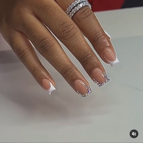 Rhinestone Outline Nails, Short French Nails With Rhinestones, Pink Toe Nails, Diamond Nail Designs, Nail Tutorial Videos, Short French, French Tip Nail Designs, Girly Acrylic Nails, Work Nails