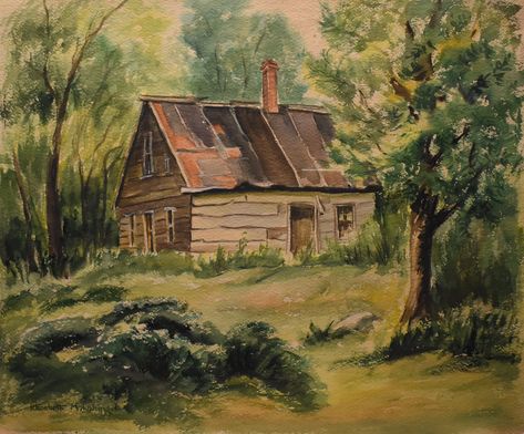 vintage watercolor of old clapboard house with trees grass signed artist Elizabeth m. lobingier watercolor and pencil on paper good shape art 18 x 15 in important new England artist thank you. House In Woods Painting, Old Cabin Drawing, Old House Watercolor Paintings, Forest House Painting, Cottage In The Woods Drawing, House In The Woods Illustration, Vintage House Illustration, House In Forest Drawing, Wood House Drawing