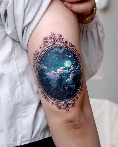 Forest Cover Up Tattoo, Coverup Tattoo Ideas For Women Cover Up, Fancy Tattoo, Blue Tattoos, Galaxy Tattoos, Coverup Ideas, Tatuaje Cover Up, Cover Up Tattoos For Women, Sky Tattoos