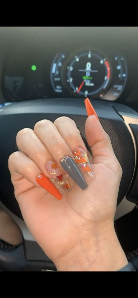 Fall Acrylic Nails Autumn Coffin Orange, Orange And Grey Nail Designs, Gray Orange Nails, Orange White And Silver Nails, Dark Orange Coffin Acrylic Nails, Gray Nails, Orange Nails, Orange Grey, Coffin Nails