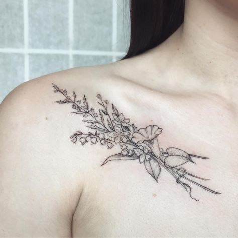 ily of the valley, morning glory, and plum blossoms//Michelle Marie 🌿White Rabbit Tattoo in New York Lily Of Valley Tattoo, Morning Glory Tattoo, Lily Of The Valley Tattoo, White Rabbit Tattoo, Water Lily Tattoos, Valley Tattoo, Secret Tattoo, Flower Shoulder Tattoo, Tattoo Fine Line