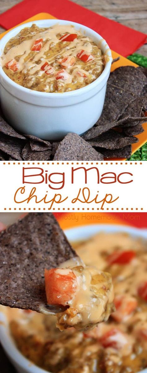 Big Mac Chip Dip - This dip tastes just like that famous cheeseburger - even with special sauce! This is a perfect recipe for any party you have coming up! #bigmac #chipdip #recipe Snack Dips, Bean Dips, Dip Appetizers, Chip Dips, Dip Party, Savory Dips, Tomato Snacks, Buffalo Dip, Superbowl Appetizers