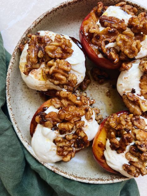 Cinnamon Grilled Nectarines With Whipped Ricotta And Toasted Walnuts - Liv Kaplan | Healthy Recipes Nectarine Dessert, Grilled Nectarines, Walnut Whip, Nectarine Recipes, Whipped Ricotta, Grilled Peaches, Toasted Walnuts, Lou Lou, Most Popular Recipes