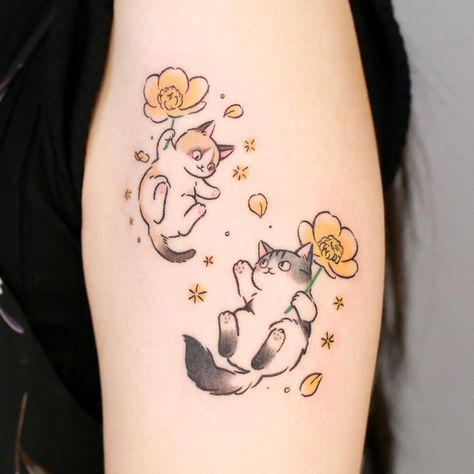 Cat Tattoo Simple, Cute Cat Tattoo, Black Cat Tattoos, Chat Kawaii, Kawaii Tattoo, Bff Tattoos, Cat Tattoo Designs, Cute Little Tattoos, Парные Тату